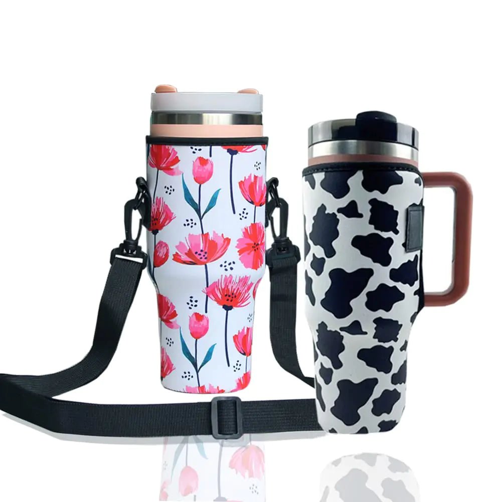 2Pack Reusable Neoprene Insulated Sleeves Cup Cover for Stanley 40oz Tumbler CupWater Bottle Sleeves 40 oz Tumbler with Handle Stanley Cup Accessories for Outdooor Walking (pink flower+Milk) - My Store