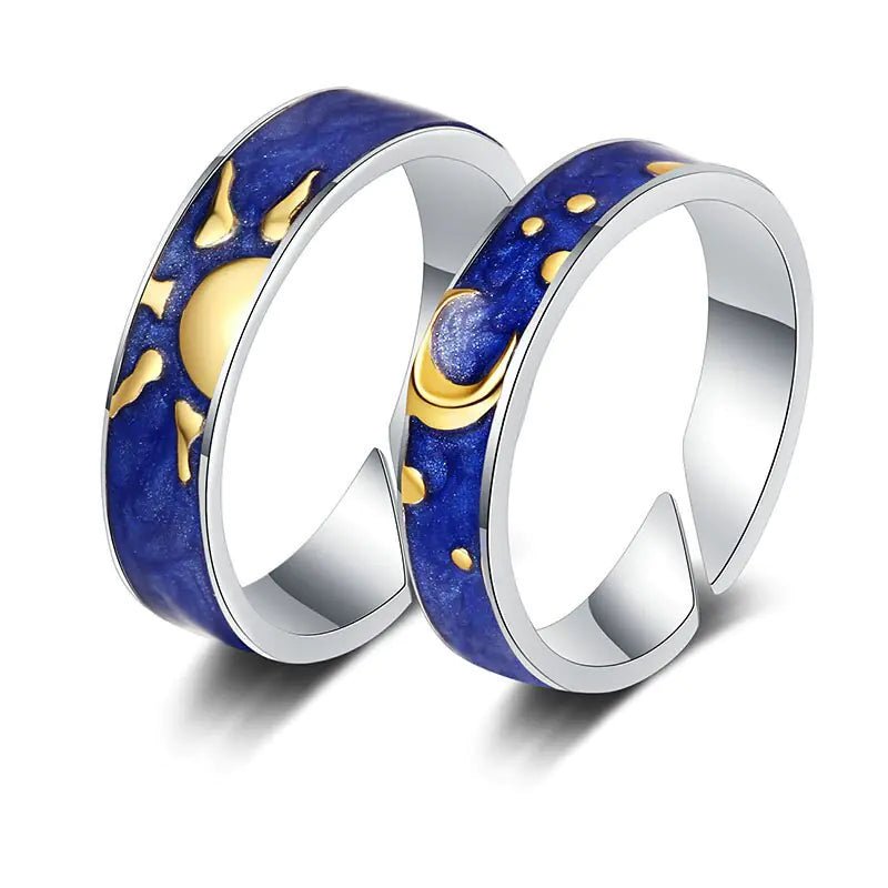 JWER Blue Drop Glaze Sun Moon Couple Rings - My Store