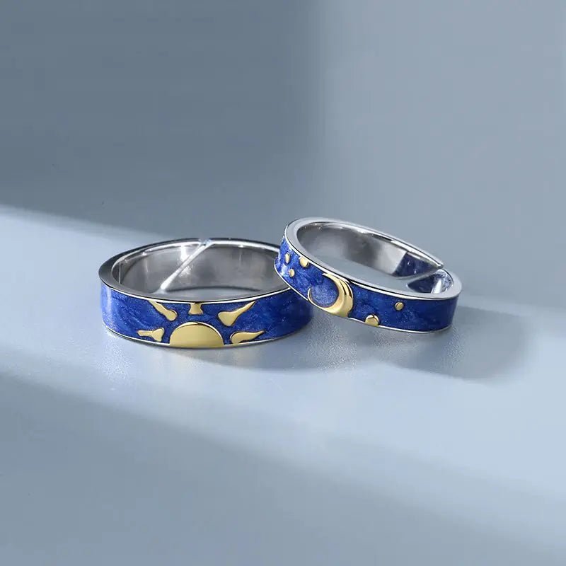 JWER Blue Drop Glaze Sun Moon Couple Rings - My Store