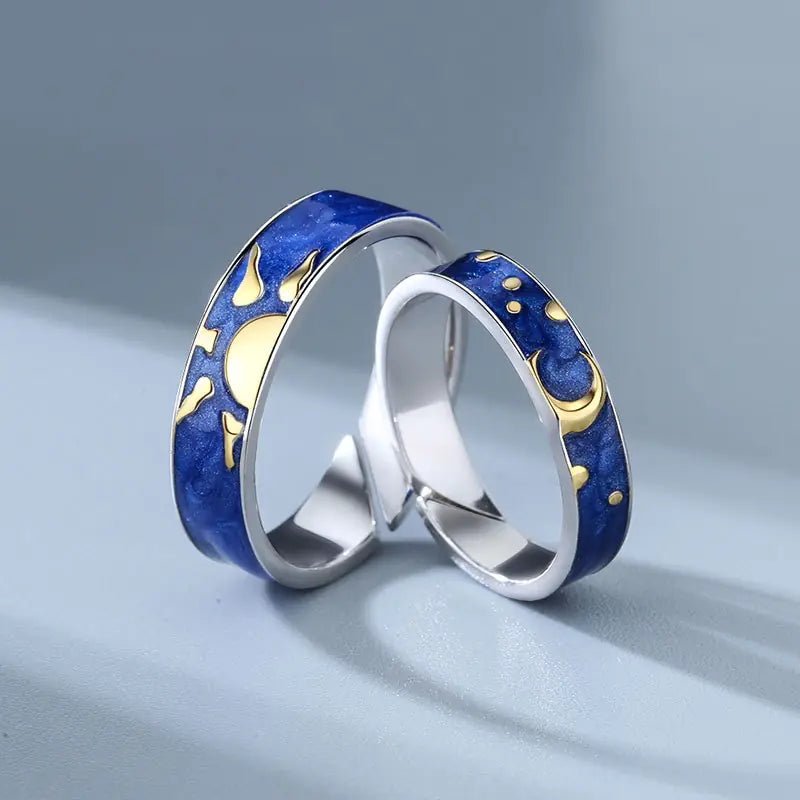 JWER Blue Drop Glaze Sun Moon Couple Rings - My Store