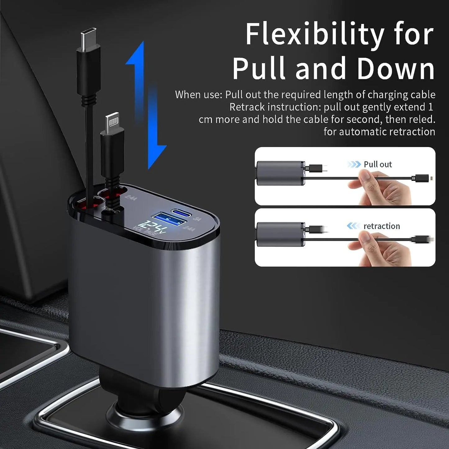 TIKTOK SHOP Retractable Car Charger, 4 in 1 Fast Car Phone Charger 66W, Retractable Cables and USB Car Charger,Compatible with iPhone 15/14/13/12/11,Galaxy,Pixel - My Store