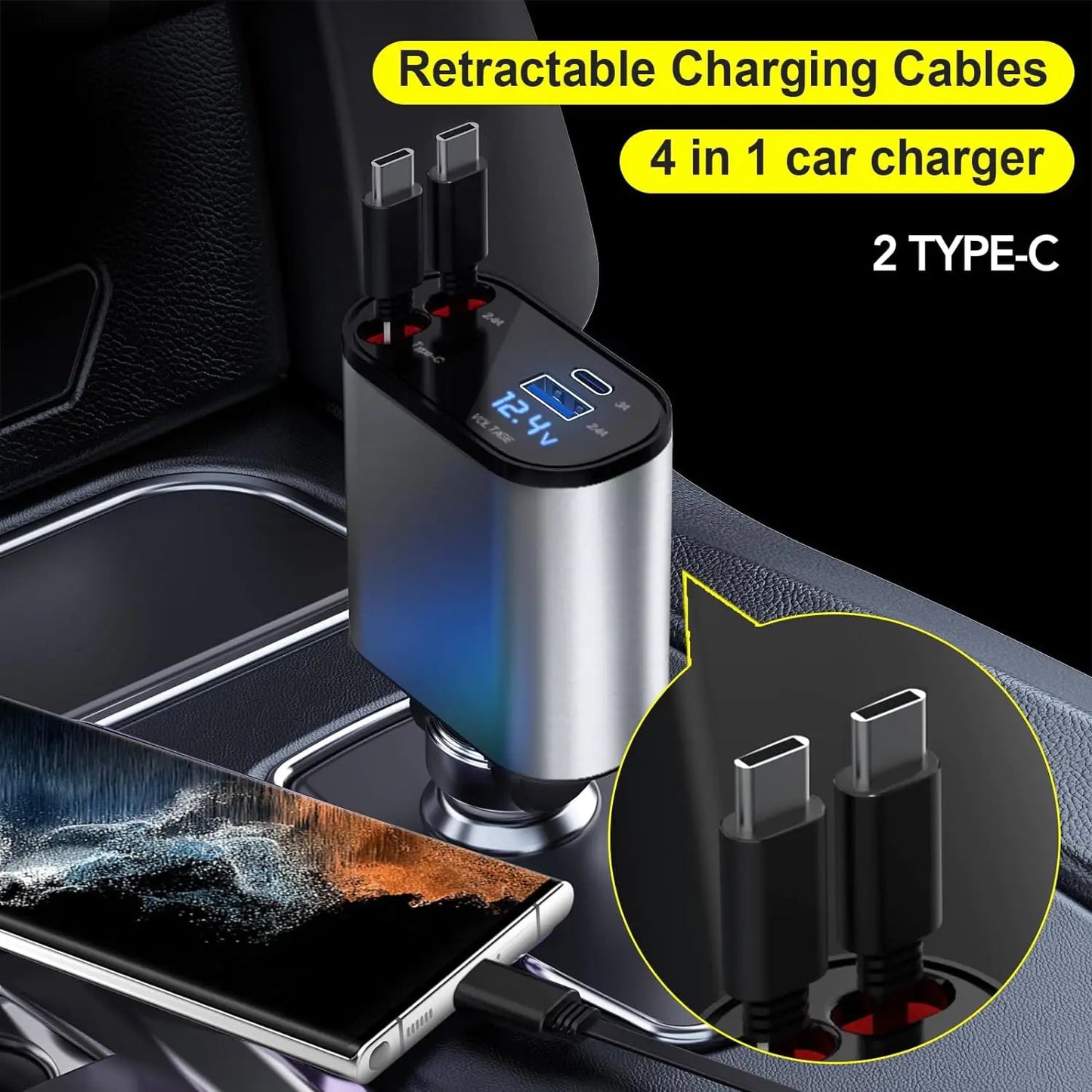TIKTOK SHOP Retractable Car Charger, 4 in 1 Fast Car Phone Charger 66W, Retractable Cables and USB Car Charger,Compatible with iPhone 15/14/13/12/11,Galaxy,Pixel - My Store