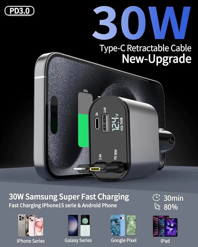 TIKTOK SHOP Retractable Car Charger, 4 in 1 Fast Car Phone Charger 66W, Retractable Cables and USB Car Charger,Compatible with iPhone 15/14/13/12/11,Galaxy,Pixel - My Store