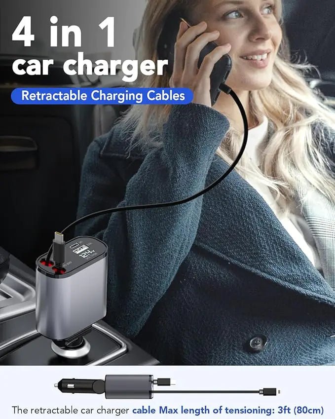 TIKTOK SHOP Retractable Car Charger, 4 in 1 Fast Car Phone Charger 66W, Retractable Cables and USB Car Charger,Compatible with iPhone 15/14/13/12/11,Galaxy,Pixel - My Store