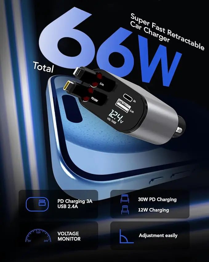 TIKTOK SHOP Retractable Car Charger, 4 in 1 Fast Car Phone Charger 66W, Retractable Cables and USB Car Charger,Compatible with iPhone 15/14/13/12/11,Galaxy,Pixel - My Store