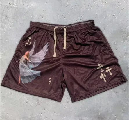 Y2K Christian Angel Cross Print Gym Shorts - My Store
