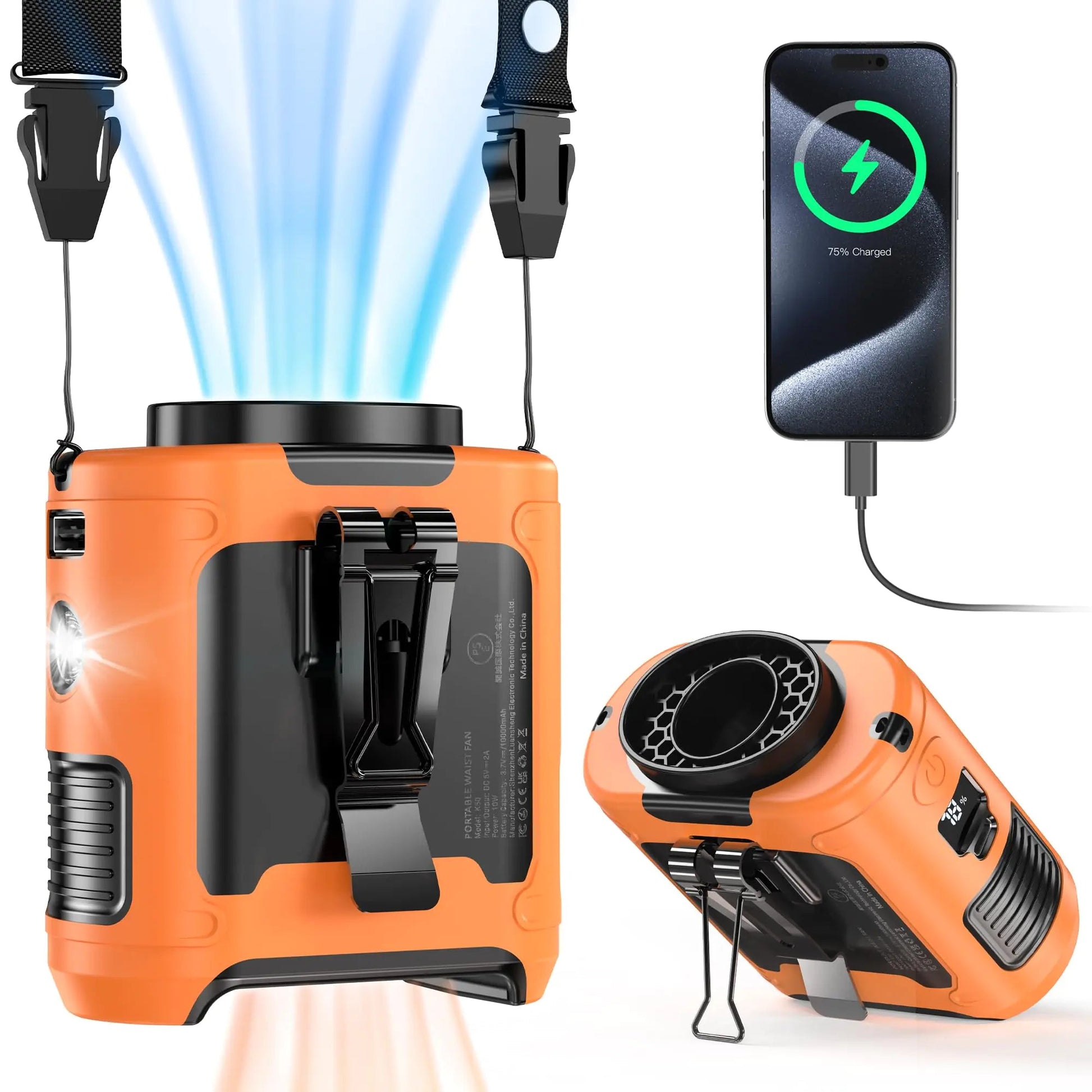 10000mAh Portable Waist Clip Fan40H Cooling Personal Wearable Fan5 Speeds 16000RPM Strong Belt FanRechargeable Hands - free Neck Fan With Flashlight for Outdoor Jobsite Camping Traveling (Orange) - My Store