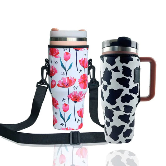2Pack Reusable Neoprene Insulated Sleeves Cup Cover for Stanley 40oz Tumbler CupWater Bottle Sleeves 40 oz Tumbler with Handle Stanley Cup Accessories for Outdooor Walking (pink flower+Milk) - My Store