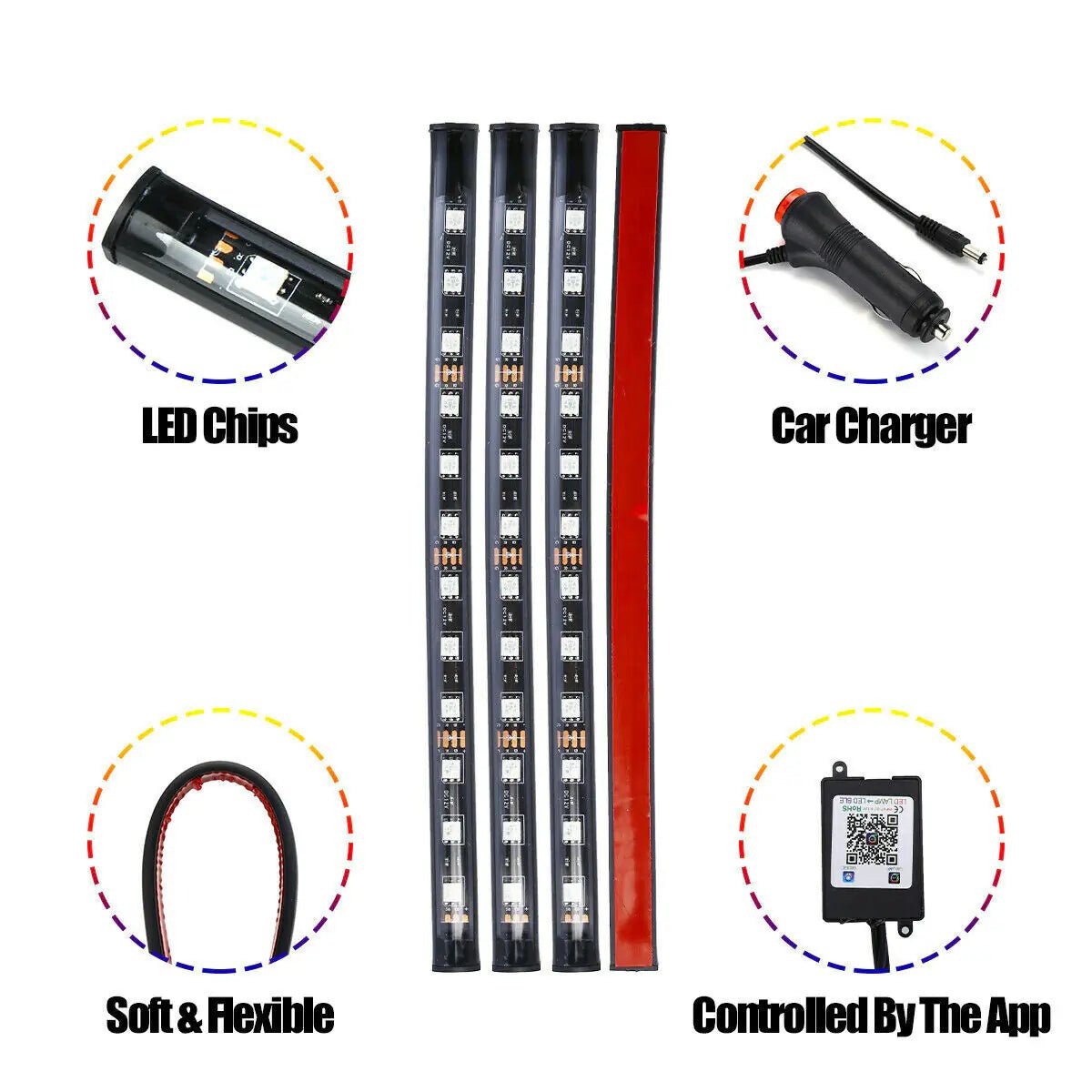 4X 48LED RGB Car Interior Atmosphere Light Strip Bar Bluetooth APP Music Control - My Store