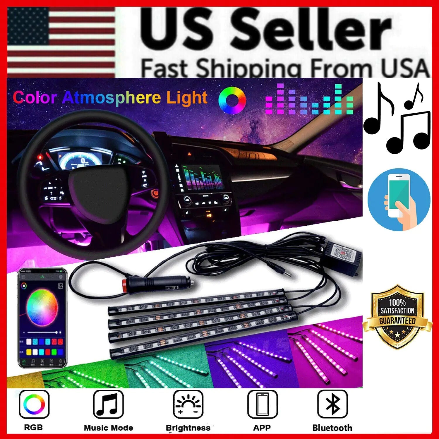 4X 48LED RGB Car Interior Atmosphere Light Strip Bar Bluetooth APP Music Control - My Store