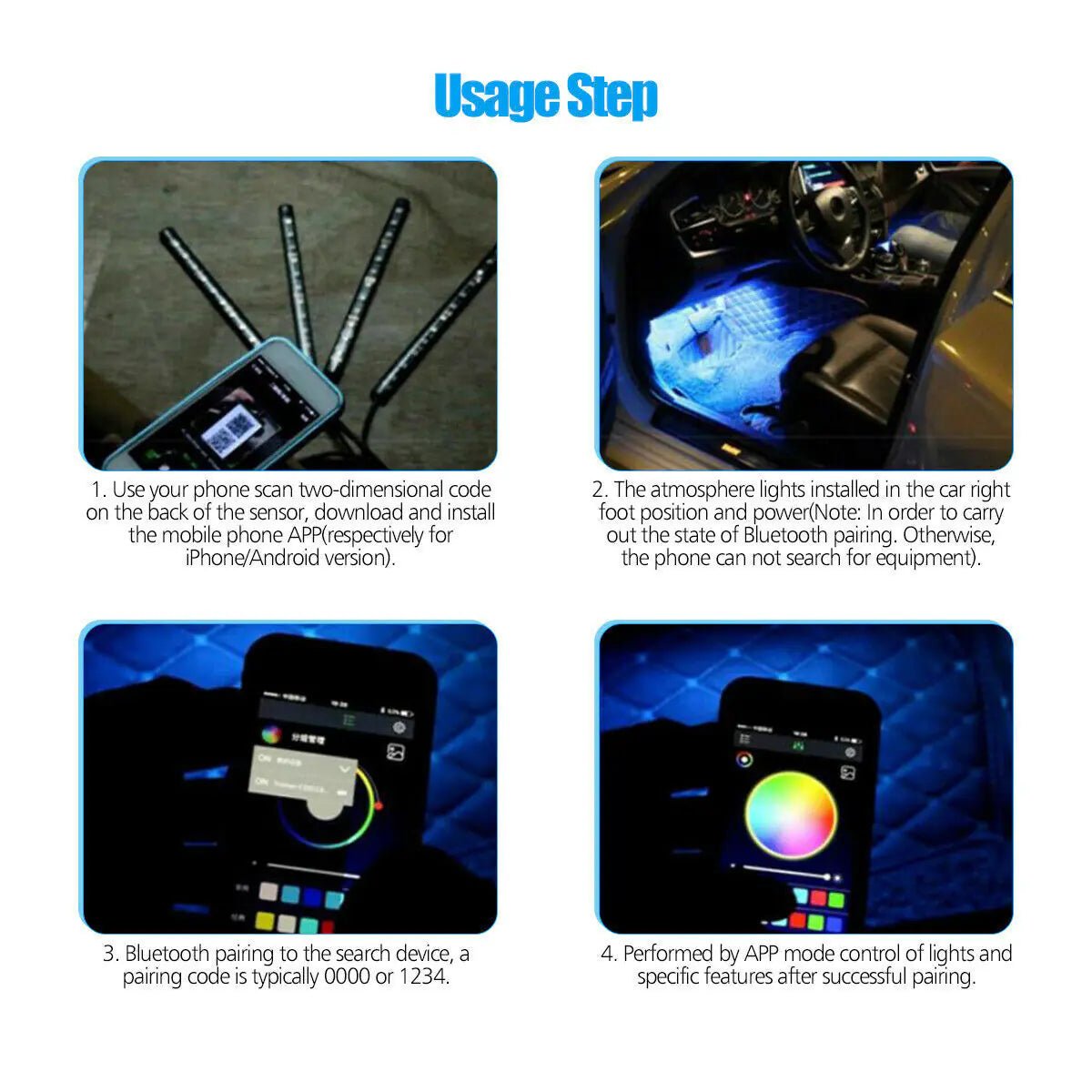 4X 48LED RGB Car Interior Atmosphere Light Strip Bar Bluetooth APP Music Control - My Store