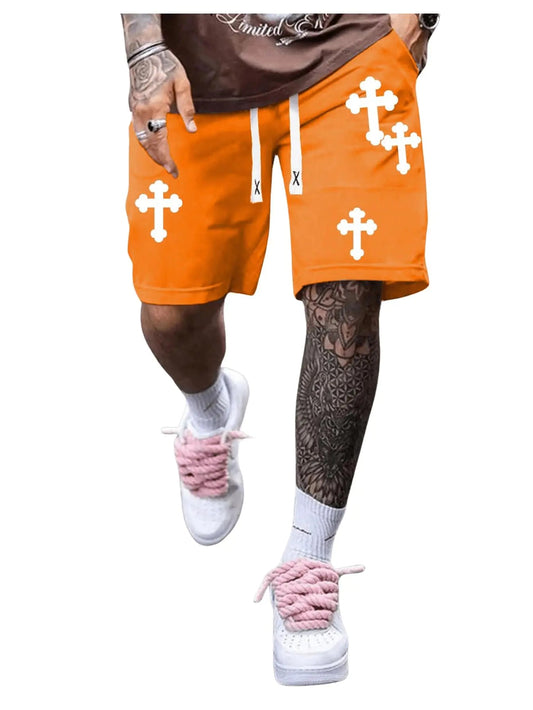 Floerns Mens Drawstring Waist Cross Print Loose Fit Workout Track Shorts Orange Small - My Store