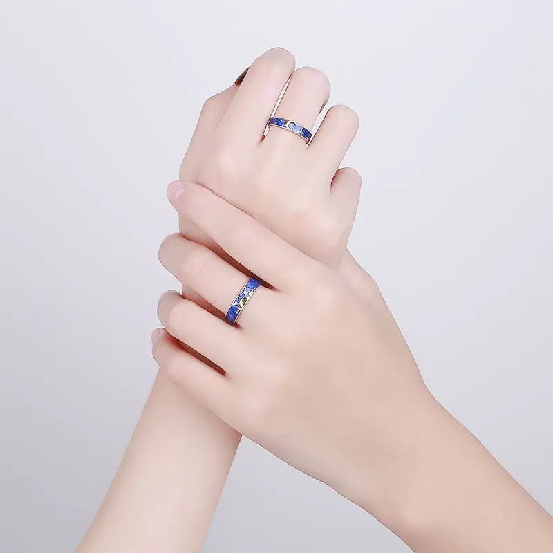 JWER Blue Drop Glaze Sun Moon Couple Rings - My Store