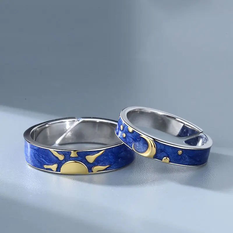 JWER Blue Drop Glaze Sun Moon Couple Rings - My Store