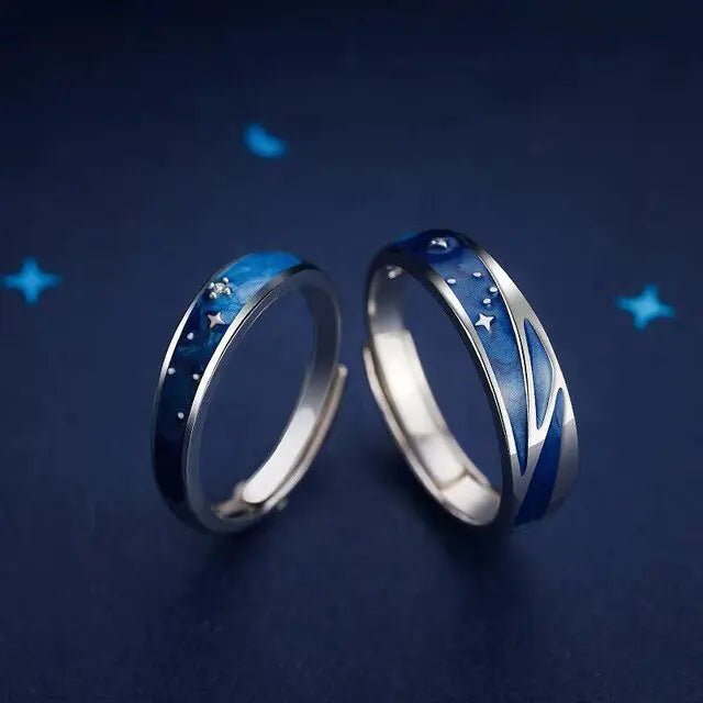 JWER Blue Drop Glaze Sun Moon Couple Rings - My Store