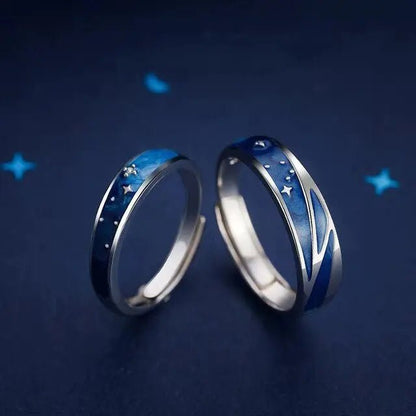 JWER Blue Drop Glaze Sun Moon Couple Rings - My Store