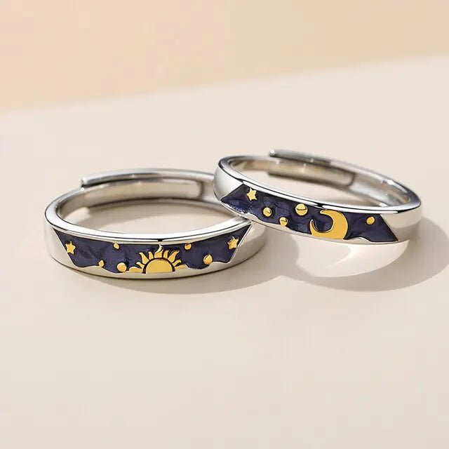 JWER Blue Drop Glaze Sun Moon Couple Rings - My Store