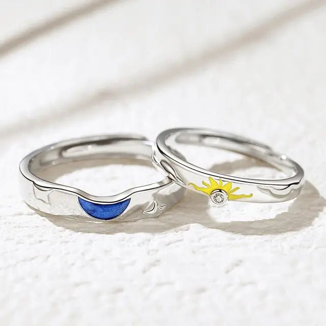 JWER Blue Drop Glaze Sun Moon Couple Rings - My Store