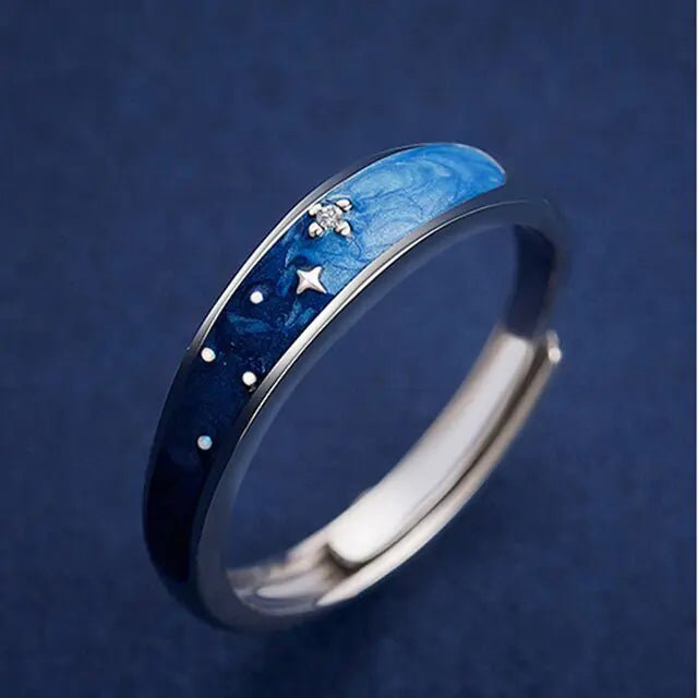 JWER Blue Drop Glaze Sun Moon Couple Rings - My Store