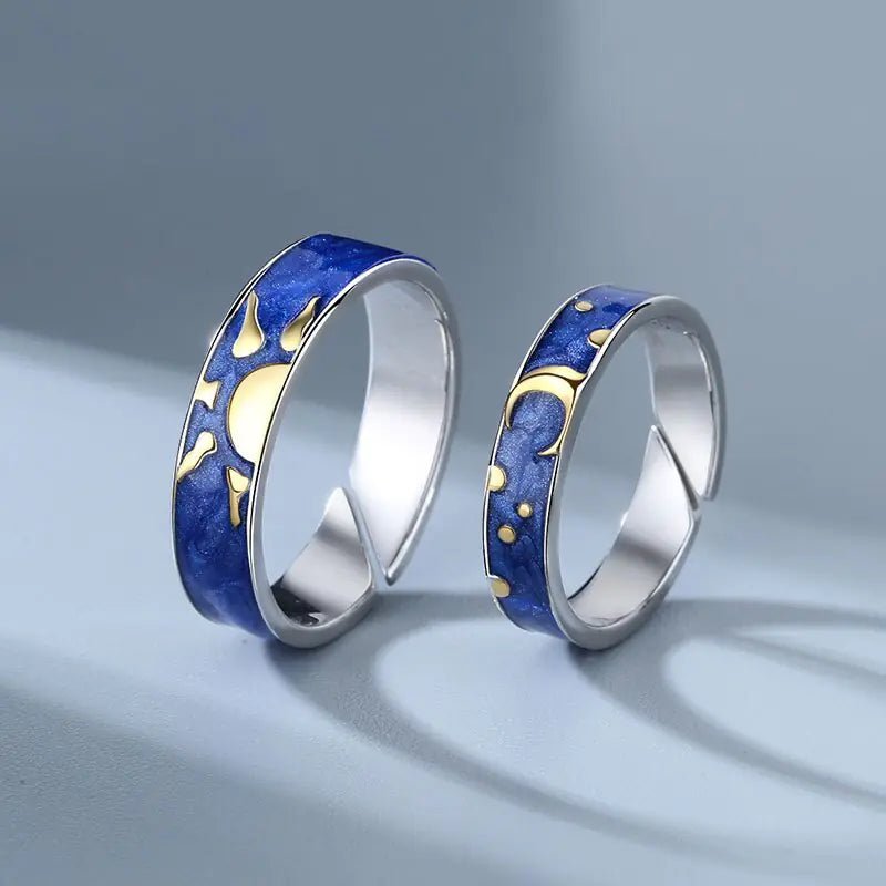 JWER Blue Drop Glaze Sun Moon Couple Rings - My Store