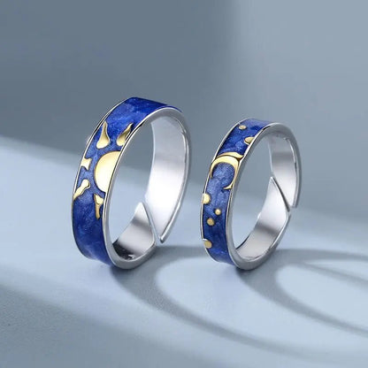 JWER Blue Drop Glaze Sun Moon Couple Rings - My Store