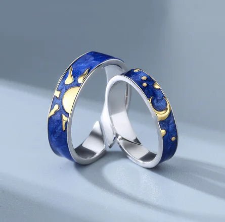 JWER Blue Drop Glaze Sun Moon Couple Rings - My Store