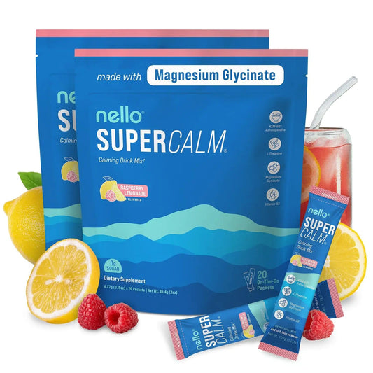 Nello Supercalm Powdered Drink Mix Raspberry Lemonade L Theanine Ksm - 66 Ashwagandha Magnesium Glycinate Vitamin D 3 Supplements for Relaxation & Focus No Sugar Non GMO On The Go (2 - Pack) - My Store