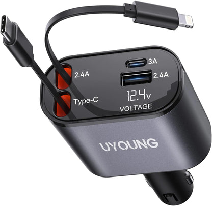 TIKTOK SHOP Retractable Car Charger, 4 in 1 Fast Car Phone Charger 66W, Retractable Cables and USB Car Charger,Compatible with iPhone 15/14/13/12/11,Galaxy,Pixel - My Store